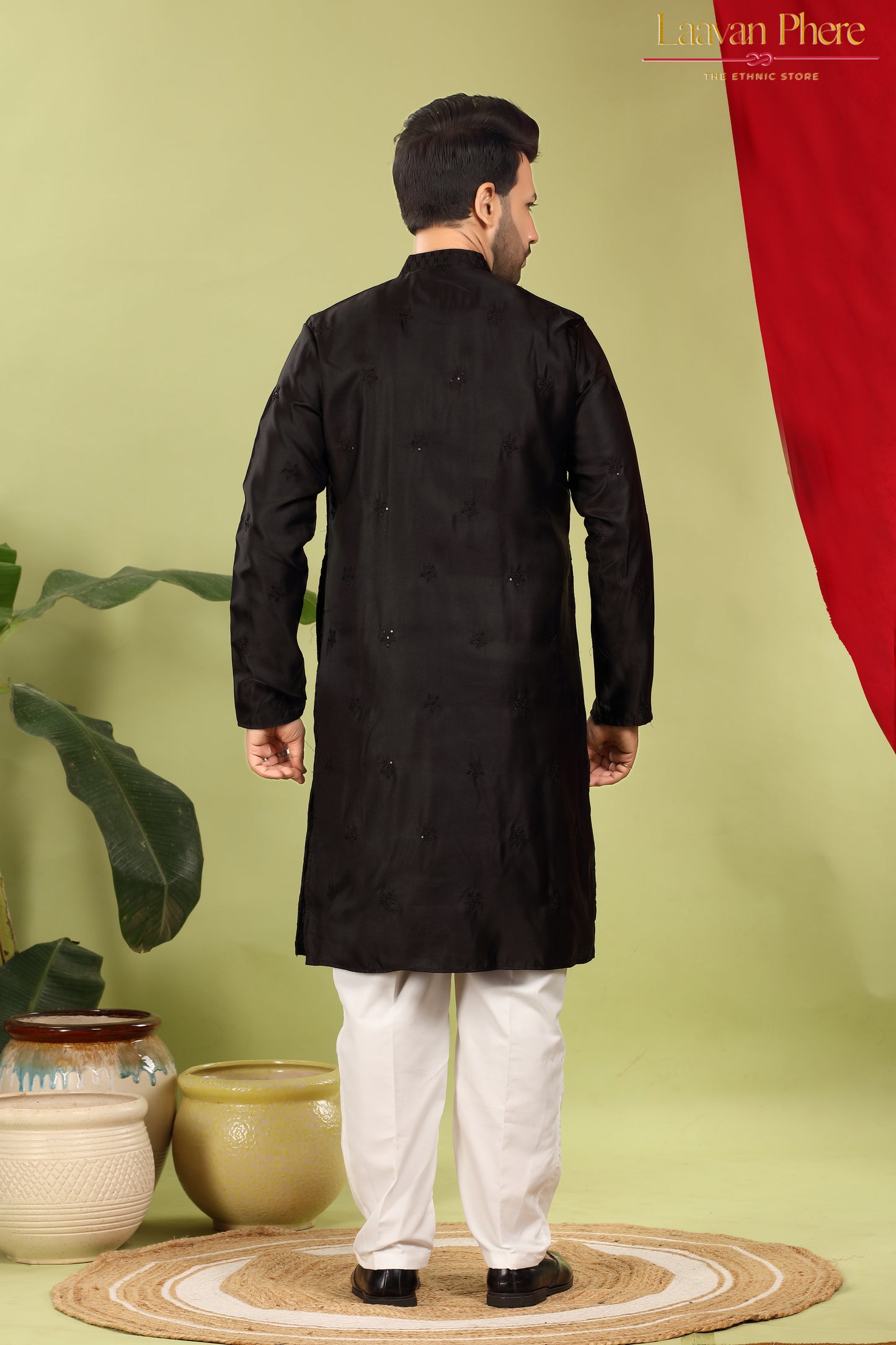 Varchas – Obsidian Black Embroidered Silk Blend Kurta
