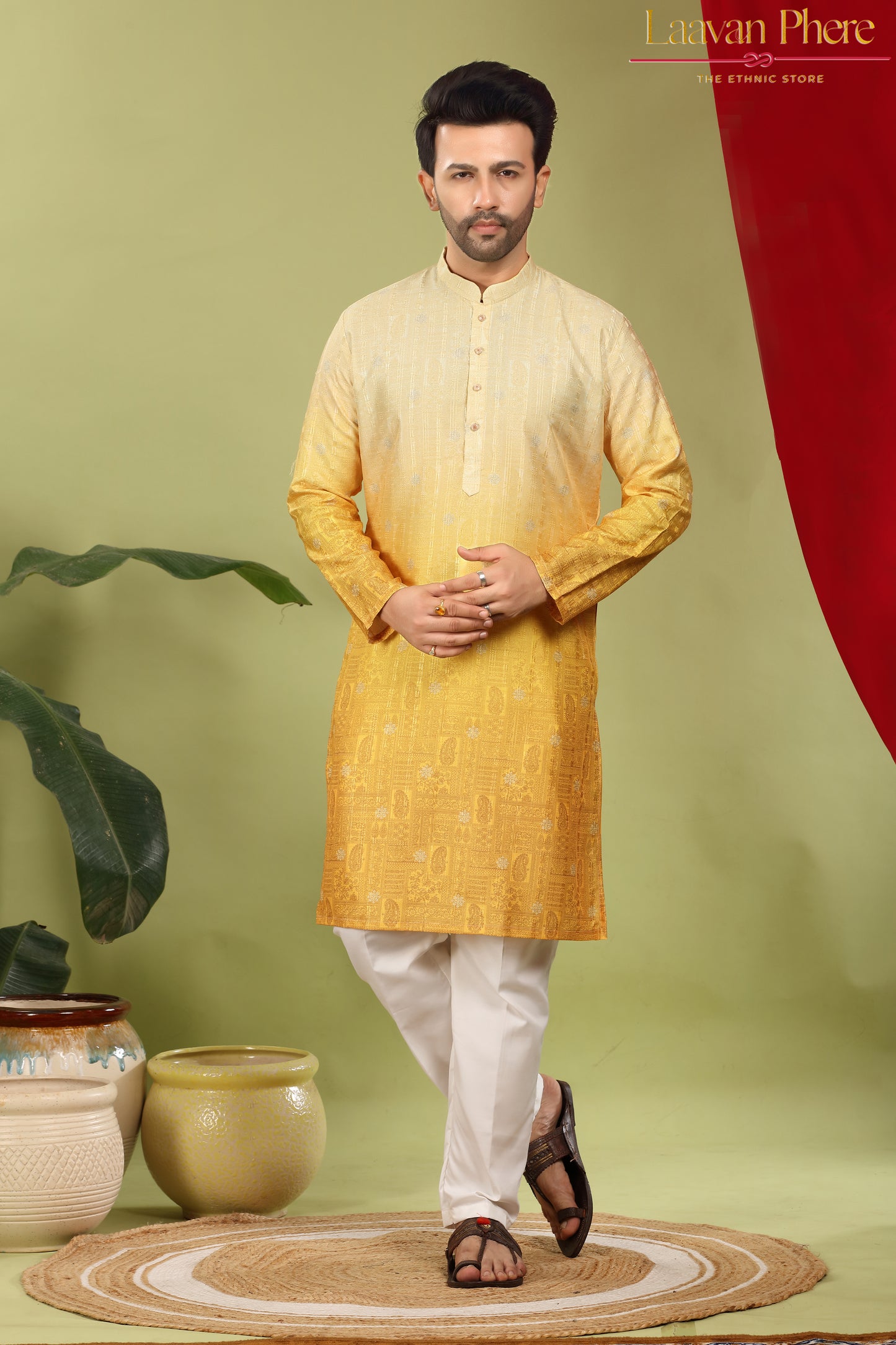 Pravah – Golden Ombre Self Print Embroidered Cotton Kurta