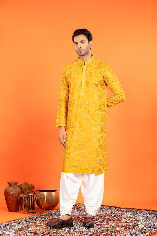 Aarvay – Golden Ochre Heritage Kurta with Patiala