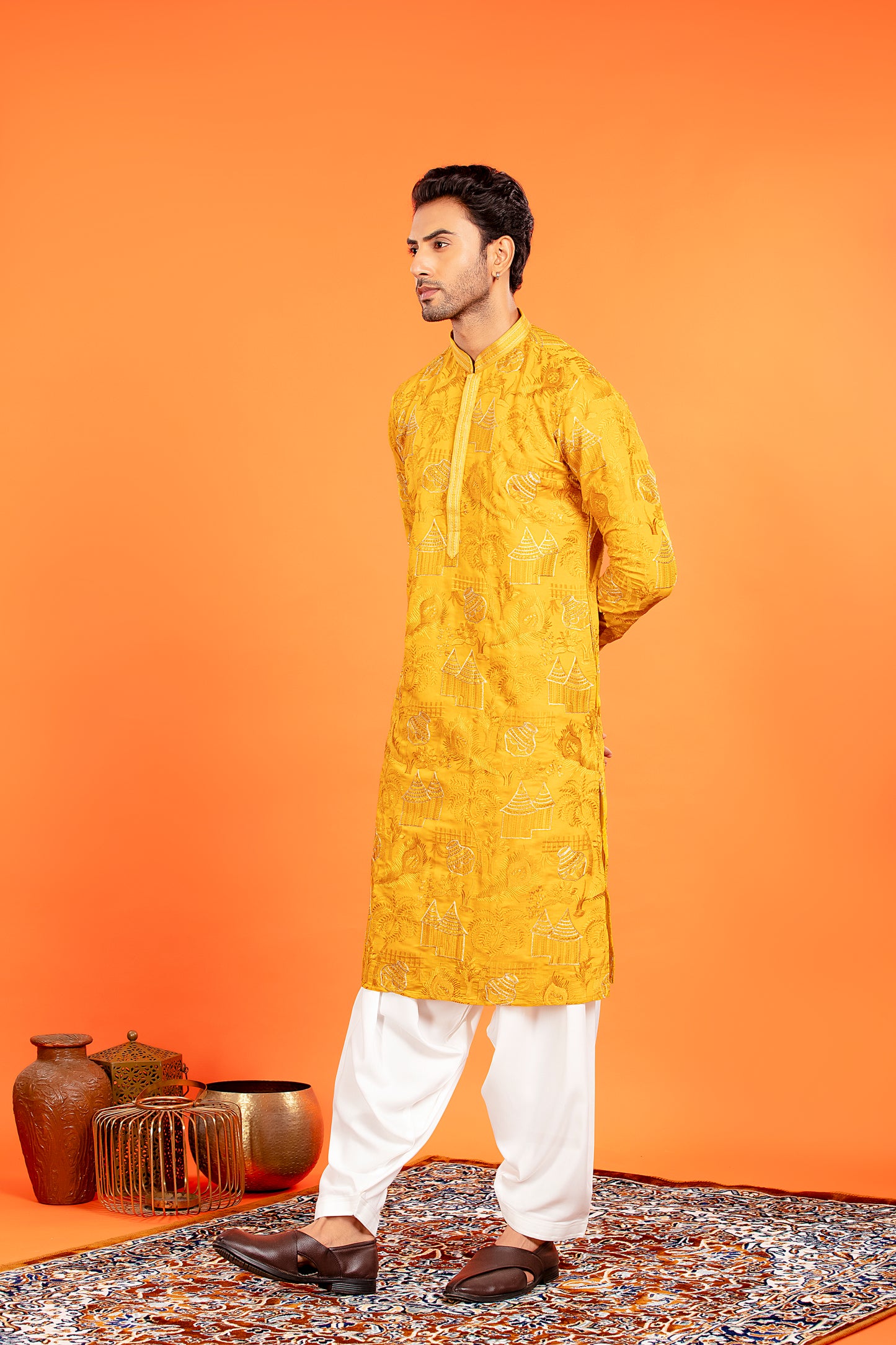 Aarvay – Golden Ochre Heritage Kurta with Patiala
