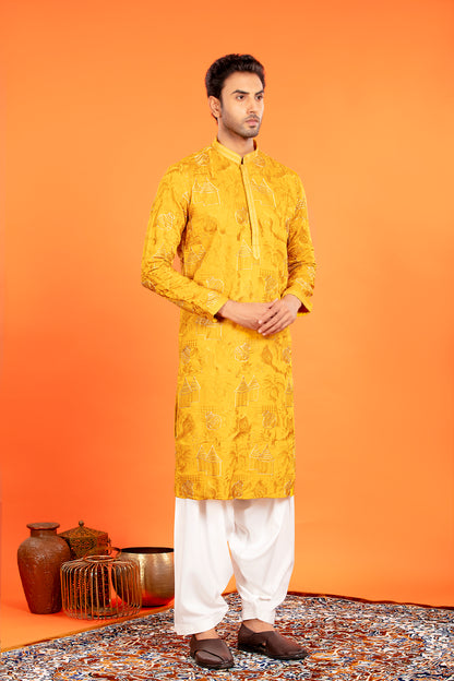 Aarvay – Golden Ochre Heritage Kurta with Patiala