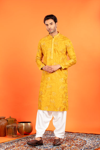Aarvay – Golden Ochre Heritage Kurta with Patiala