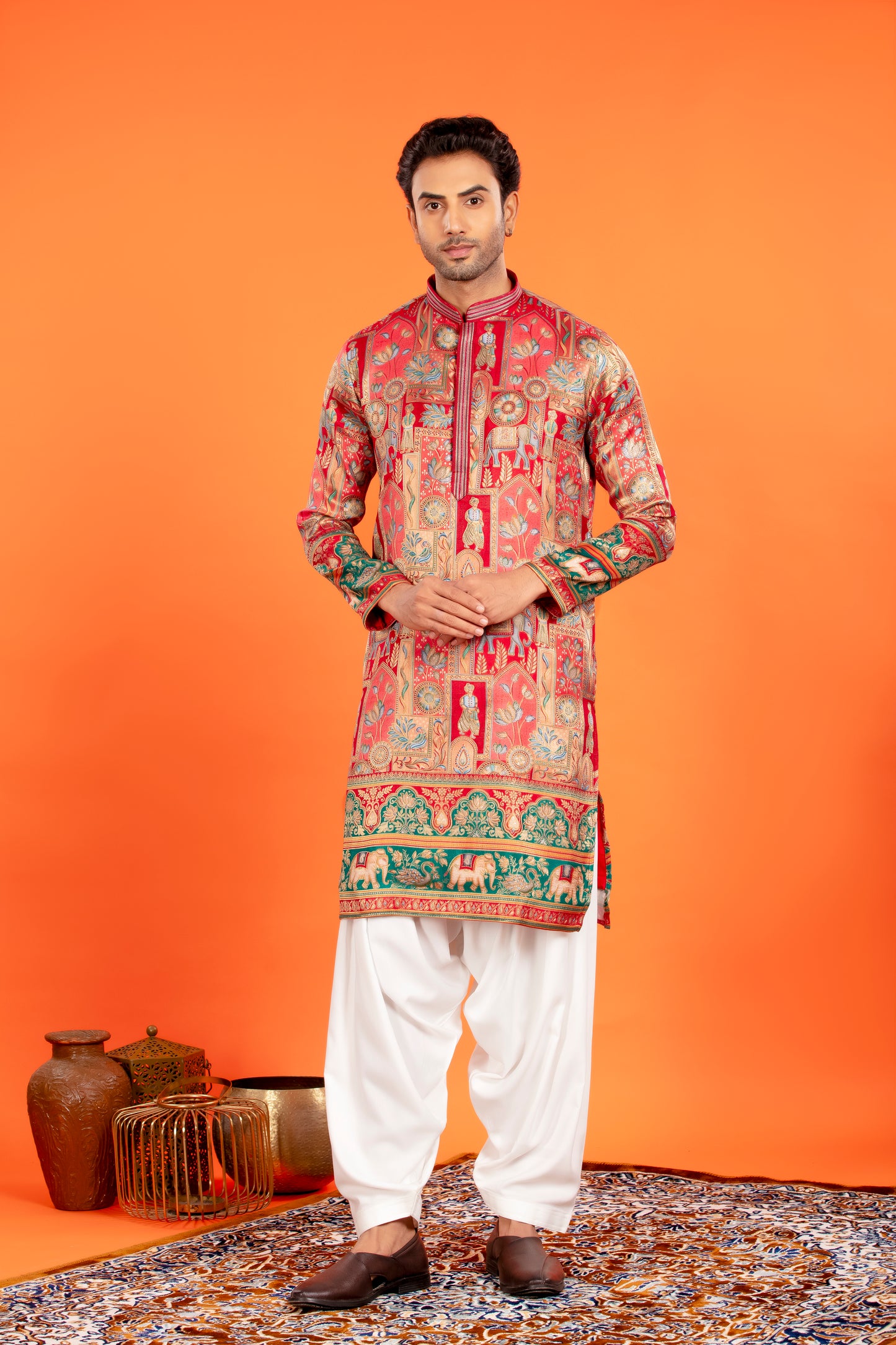 Zarqaa – Regal Red Banarasi Brocade Kurta with Soft Cotton Lining and Traditional Patiala