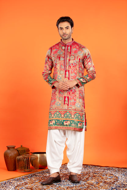 Zarqaa – Regal Red Banarasi Brocade Kurta with Soft Cotton Lining and Traditional Patiala