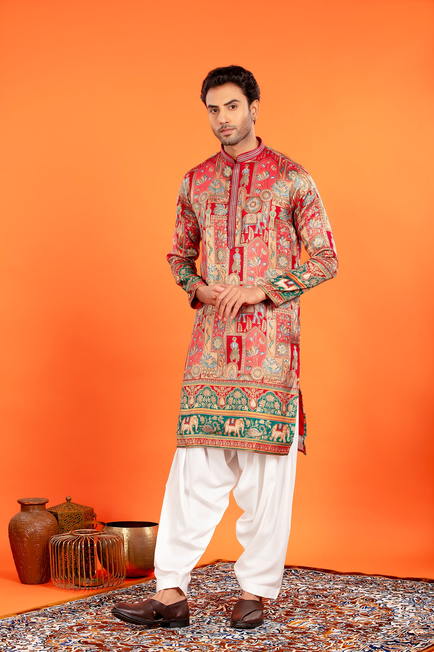 Zarqaa – Regal Red Banarasi Brocade Kurta with Soft Cotton Lining and Traditional Patiala