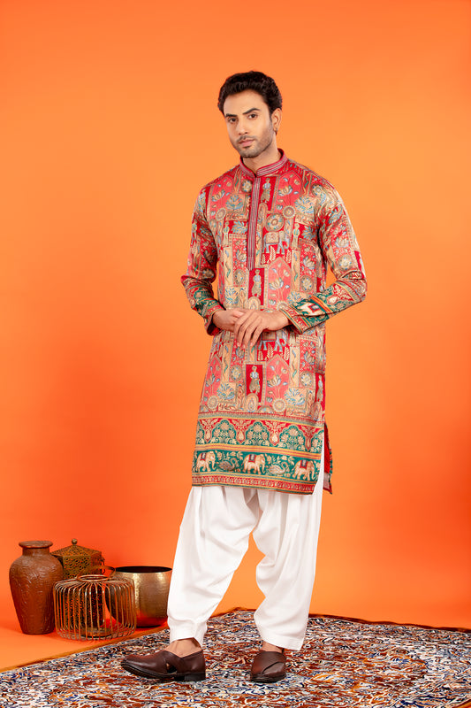 Zarqaa – Regal Red Banarasi Brocade Kurta with Soft Cotton Lining and Traditional Patiala