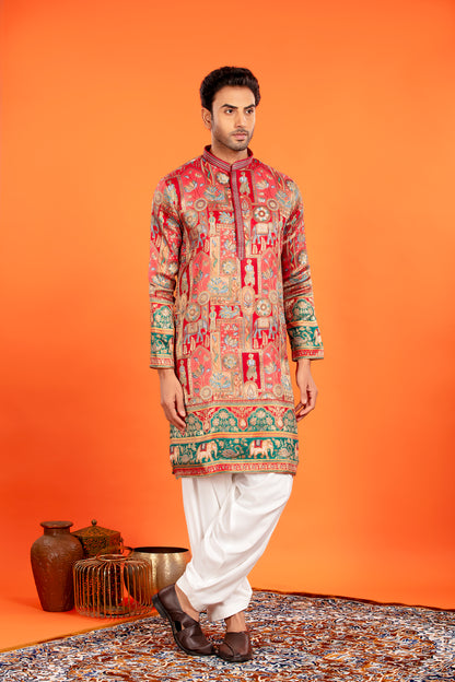 Zarqaa – Regal Red Banarasi Brocade Kurta with Soft Cotton Lining and Traditional Patiala
