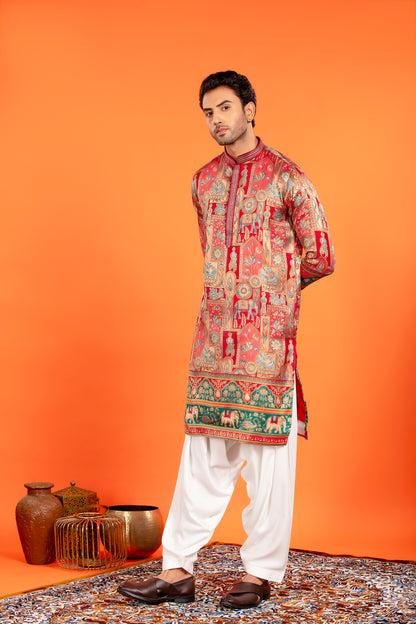 Zarqaa – Regal Red Banarasi Brocade Kurta with Soft Cotton Lining and Traditional Patiala