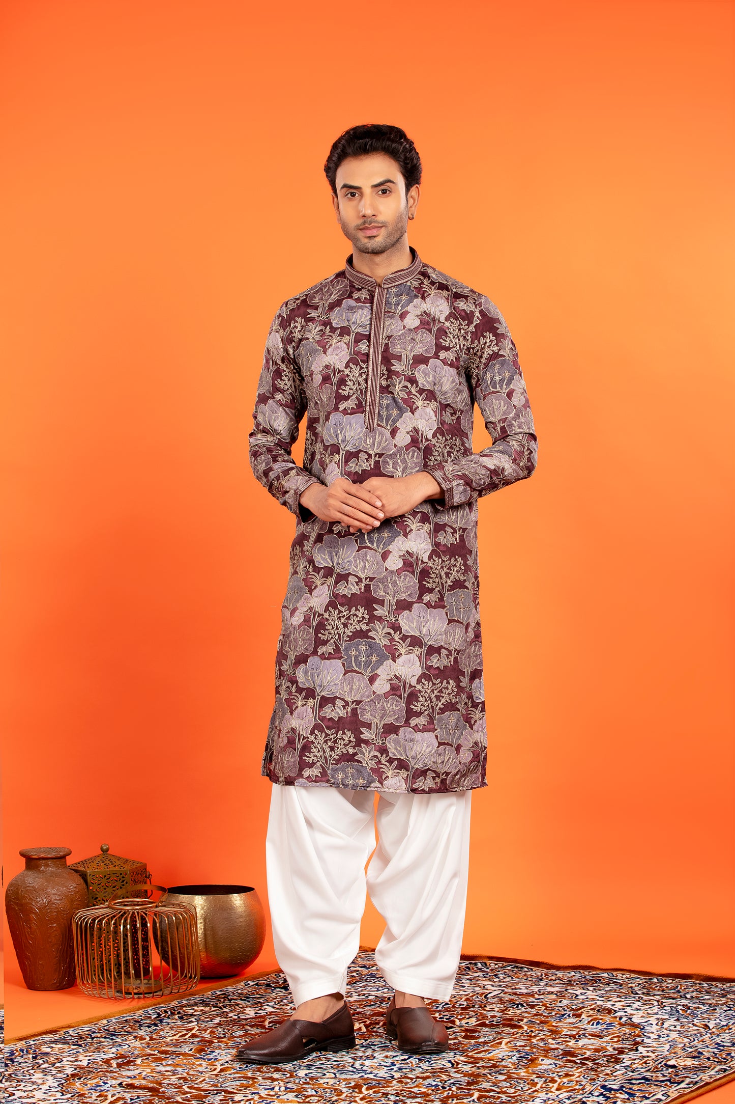 Zarham – Opulent Maroon Floral Brocade Kurta Patiala Set