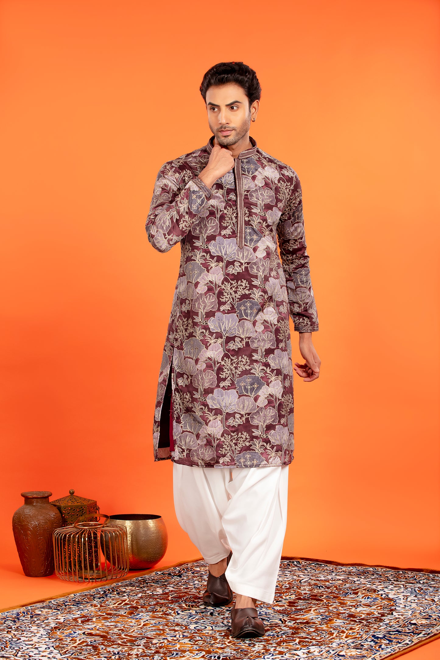Zarham – Opulent Maroon Floral Brocade Kurta Patiala Set