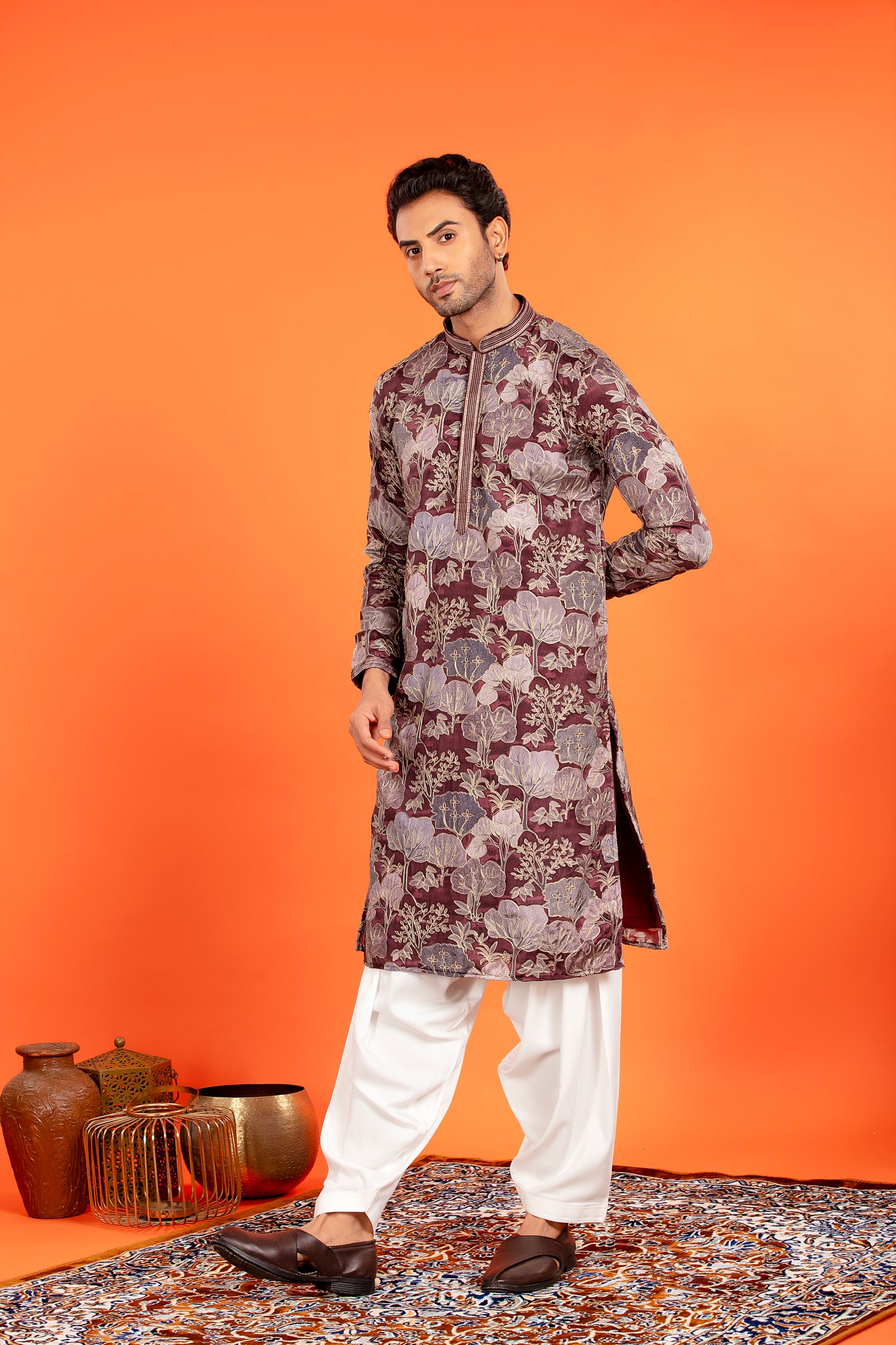 Zarham – Opulent Maroon Floral Brocade Kurta Patiala Set
