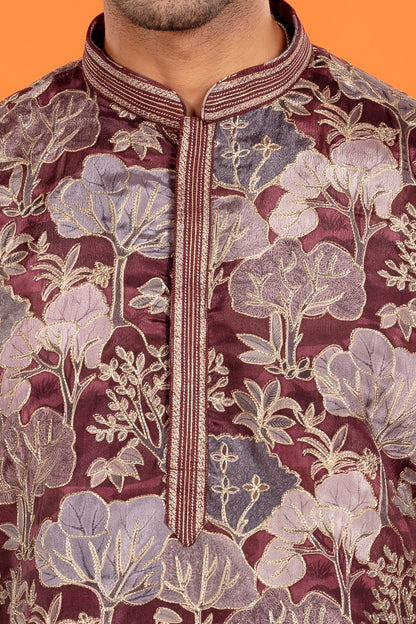 Zarham – Opulent Maroon Floral Brocade Kurta Patiala Set