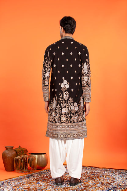 Rehansh – Regal Black Heritage Embroidered Kurta with Patiala