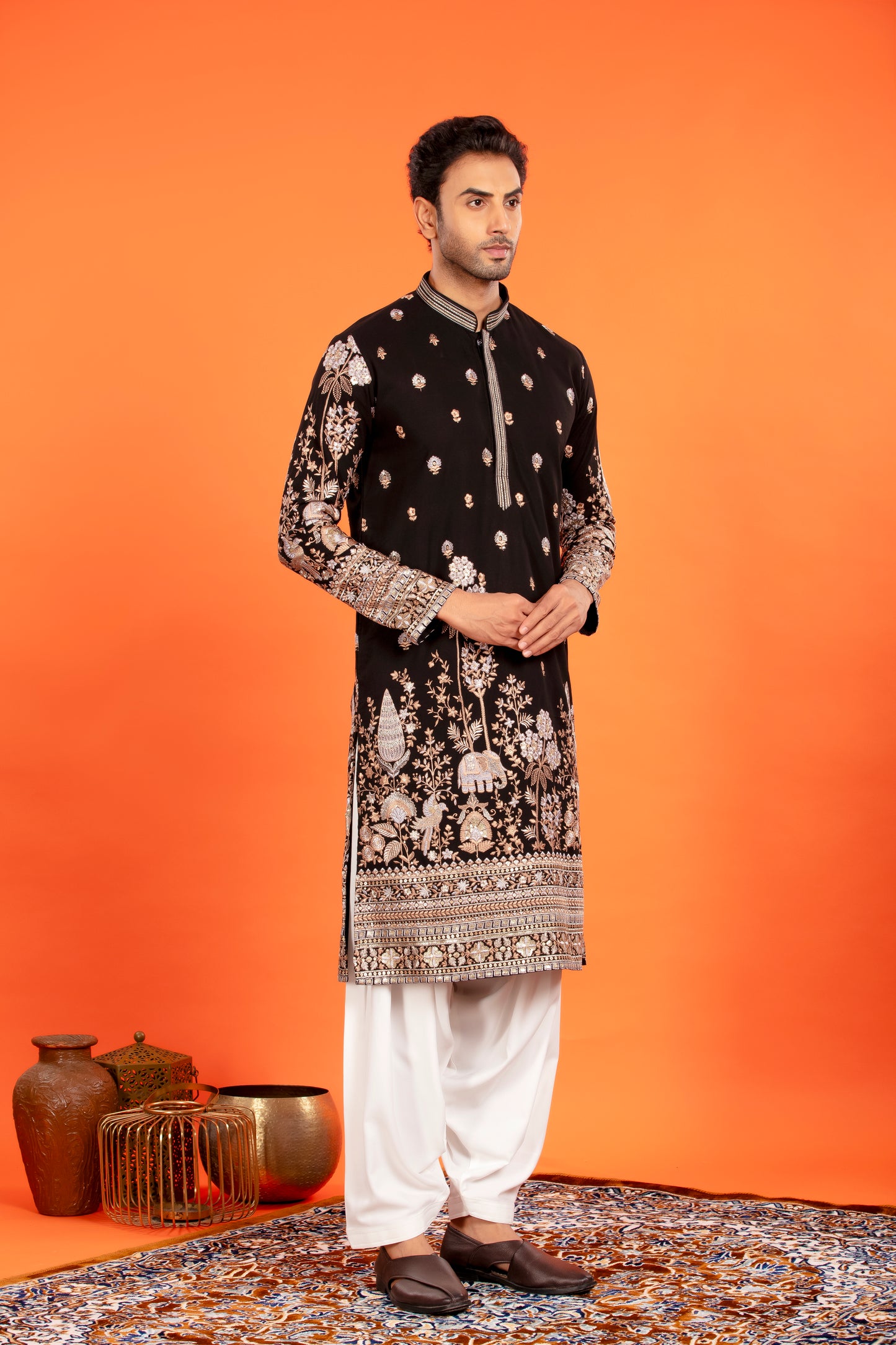 Rehansh – Regal Black Heritage Embroidered Kurta with Patiala