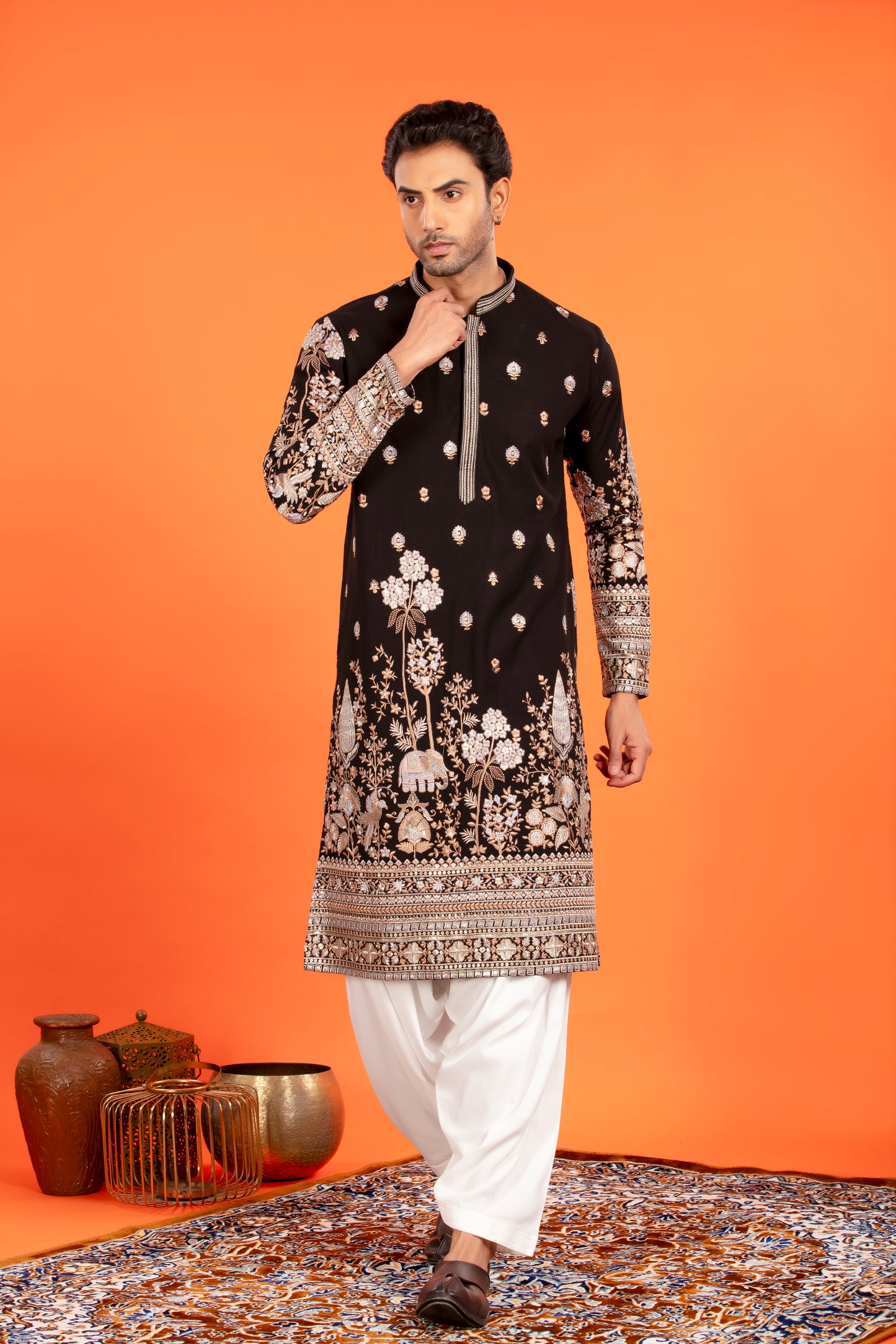 Rehansh – Regal Black Heritage Embroidered Kurta with Patiala
