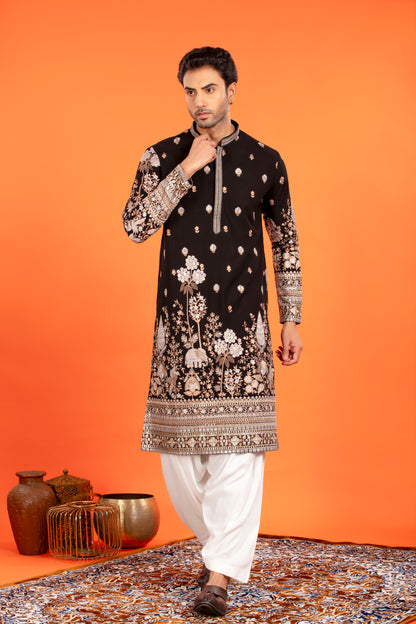 Rehansh – Regal Black Heritage Embroidered Kurta with Patiala