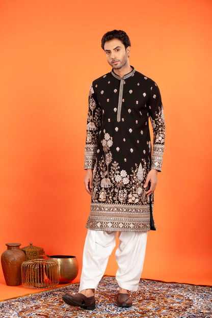 Rehansh – Regal Black Heritage Embroidered Kurta with Patiala