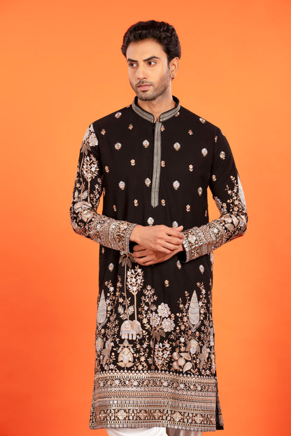 Rehansh – Regal Black Heritage Embroidered Kurta with Patiala