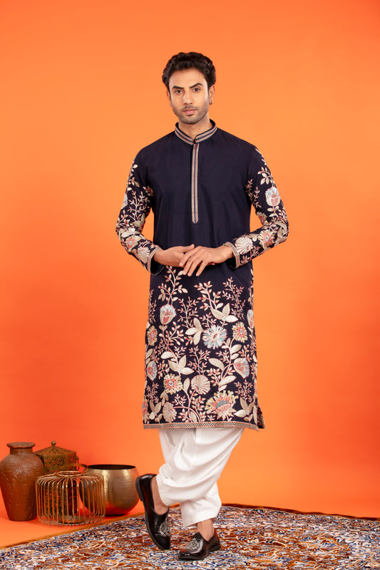 Aarosh – Midnight Blue Embroidered Kurta with Patiala