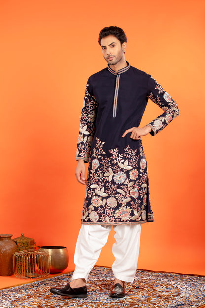 Aarosh – Midnight Blue Embroidered Kurta with Patiala