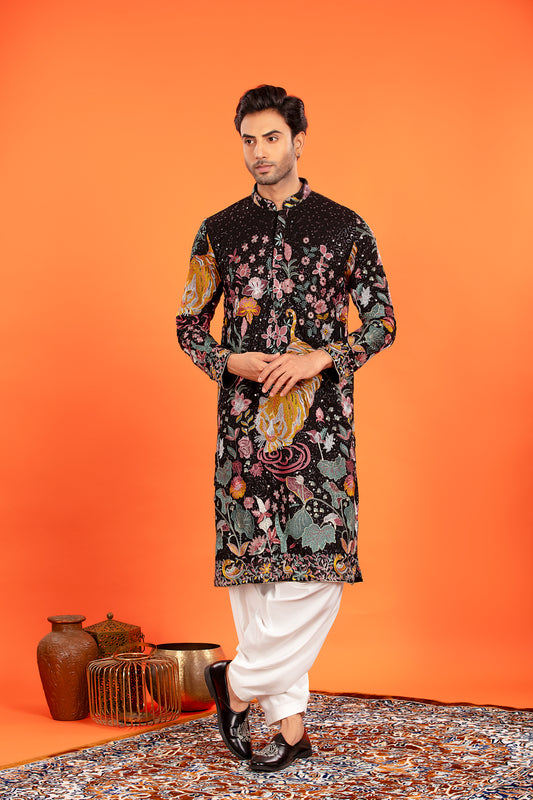 Arindam- Noir Majesty Embroidered Kurta with Patiala