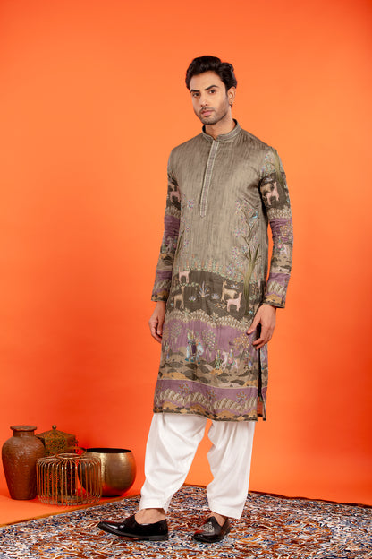 Vayun – Antique Olive Heritage Embroidered Kurta Patiala Set