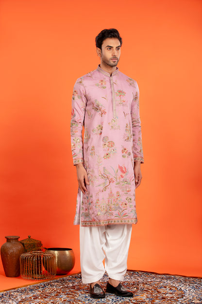Nivaan – Rose Dust Heritage Embroidered Kurta with Patiala
