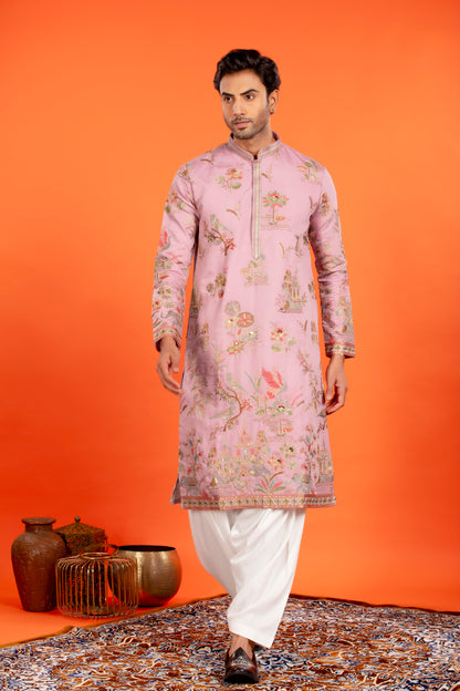 Nivaan – Rose Dust Heritage Embroidered Kurta with Patiala
