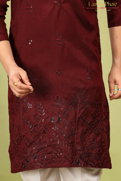 Tarash – Garnet Reign Maroon Daaman Embroidered Silk Blend Kurta
