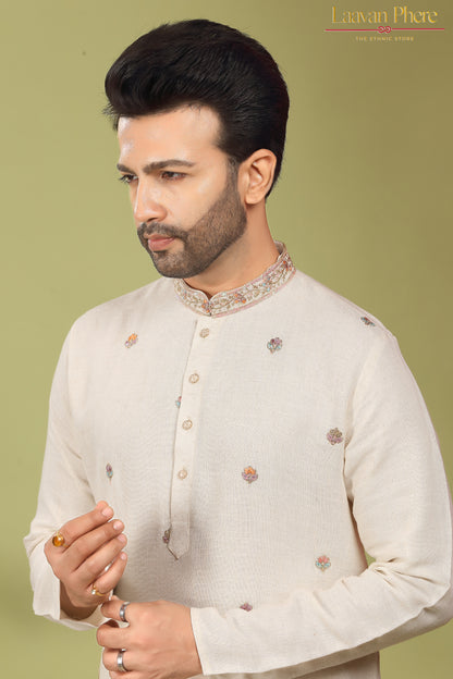 Nirmit – Ivory Bloom Daaman Embroidered Linen Blend Kurta