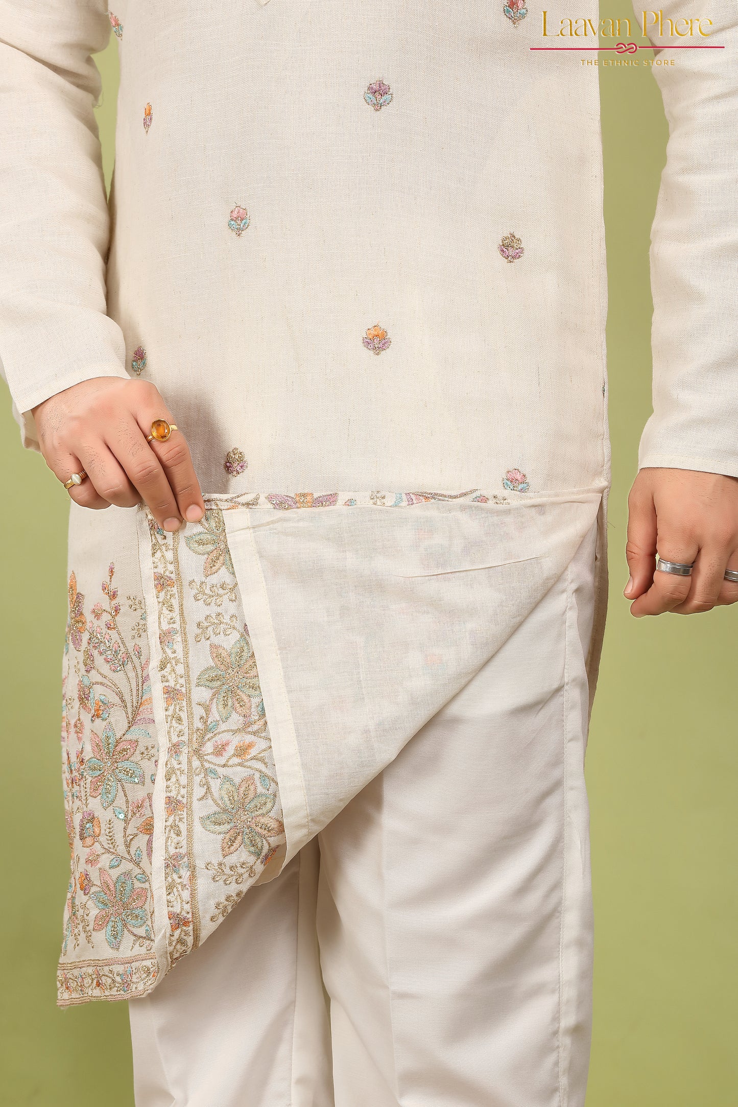 Nirmit – Ivory Bloom Daaman Embroidered Linen Blend Kurta