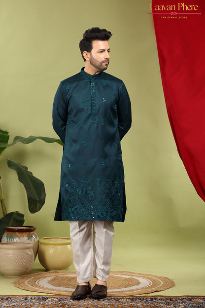 Tarash – Peacock Reign Teal Daaman Embroidered Silk Blend Kurta