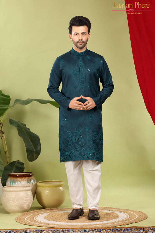 Tarash – Peacock Reign Teal Daaman Embroidered Silk Blend Kurta