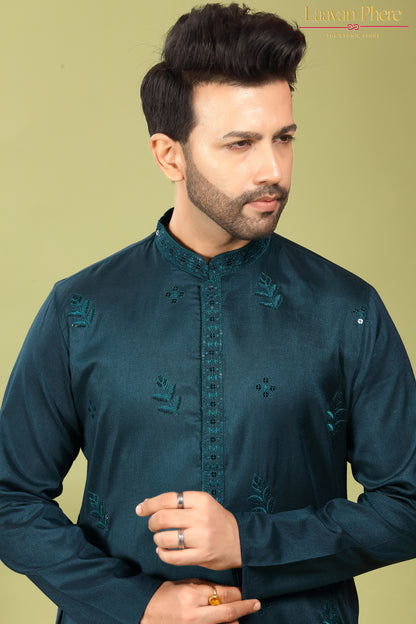 Tarash – Peacock Reign Teal Daaman Embroidered Silk Blend Kurta