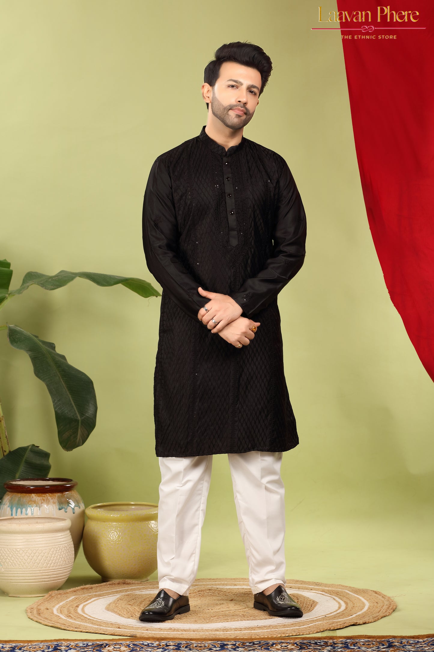 Varchas – Obsidian Black Embroidered Silk Blend Kurta