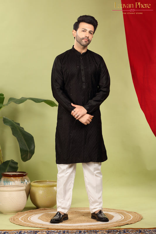 Varchas – Obsidian Black Embroidered Silk Blend Kurta