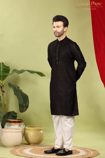 Varchas – Obsidian Black Embroidered Silk Blend Kurta
