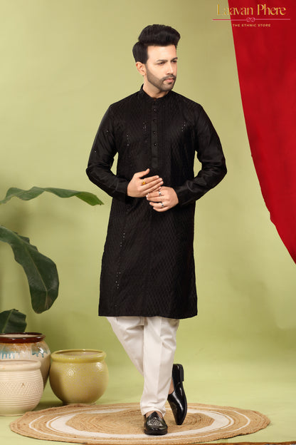 Varchas – Obsidian Black Embroidered Silk Blend Kurta