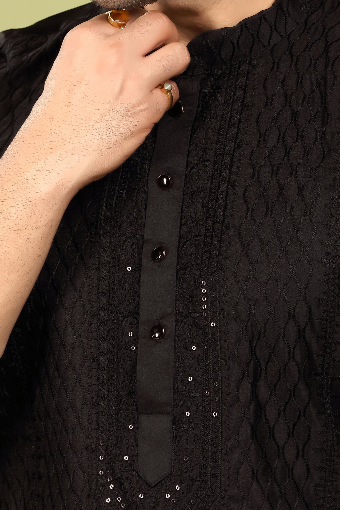 Varchas – Obsidian Black Embroidered Silk Blend Kurta