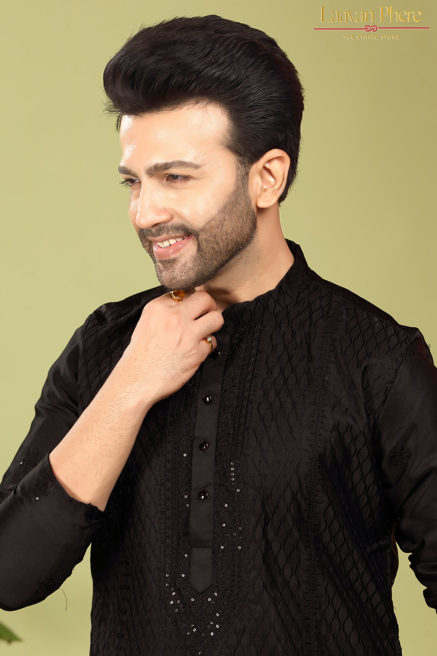 Varchas – Obsidian Black Embroidered Silk Blend Kurta