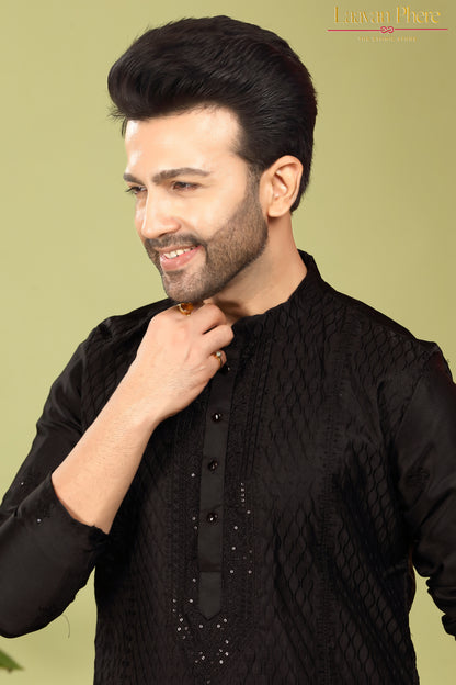 Varchas – Obsidian Black Embroidered Silk Blend Kurta