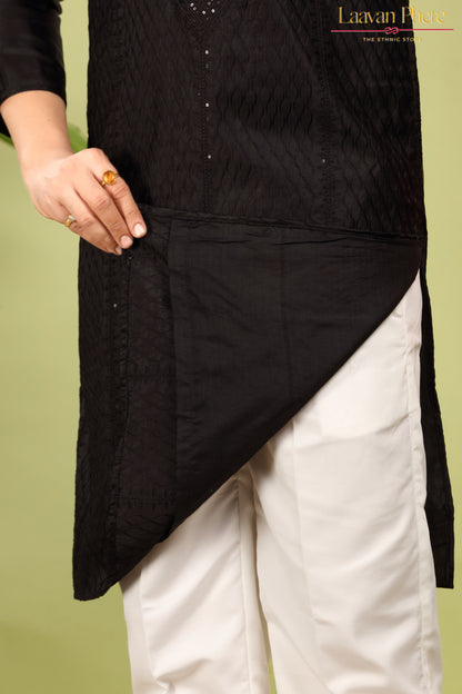 Varchas – Obsidian Black Embroidered Silk Blend Kurta
