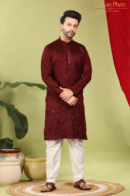 Tarash – Garnet Reign Maroon Daaman Embroidered Silk Blend Kurta