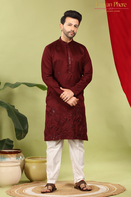 Tarash – Garnet Reign Maroon Daaman Embroidered Silk Blend Kurta