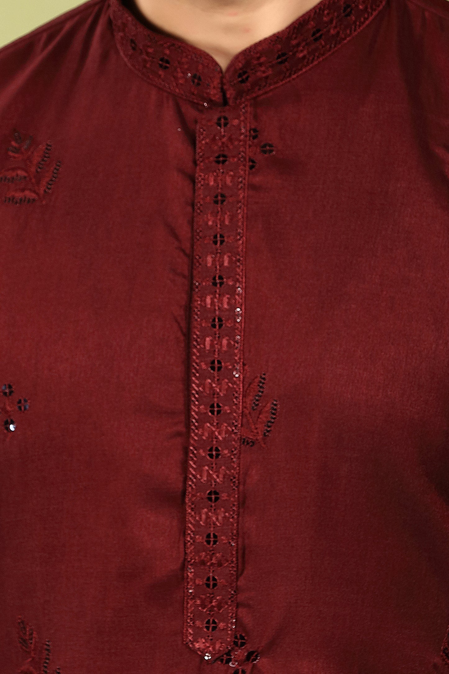 Tarash – Garnet Reign Maroon Daaman Embroidered Silk Blend Kurta