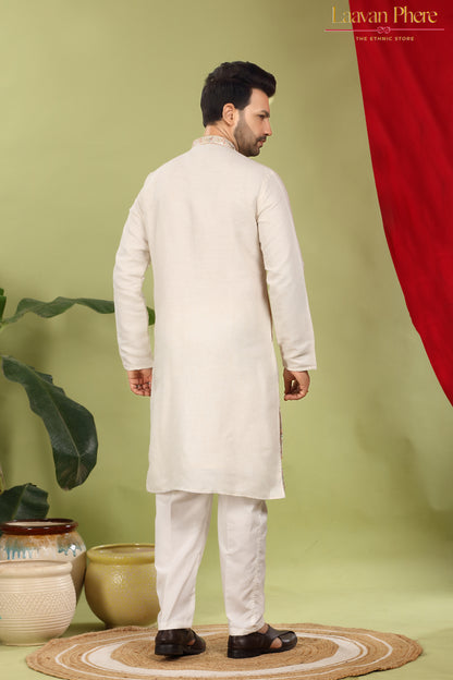 Nirmit – Ivory Bloom Daaman Embroidered Linen Blend Kurta