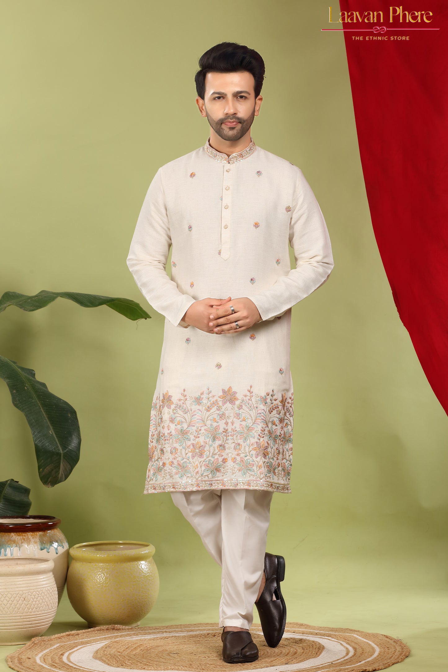 Nirmit – Ivory Bloom Daaman Embroidered Linen Blend Kurta
