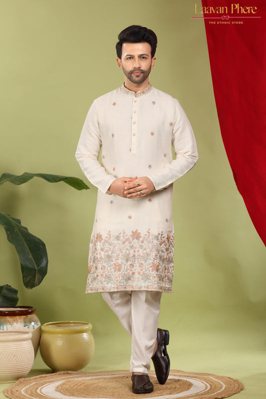 Nirmit – Ivory Bloom Daaman Embroidered Linen Blend Kurta