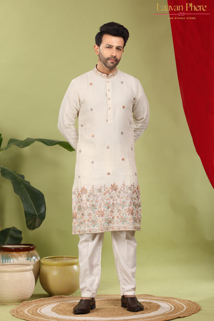 Nirmit – Ivory Bloom Daaman Embroidered Linen Blend Kurta