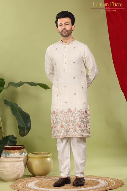Nirmit – Ivory Bloom Daaman Embroidered Linen Blend Kurta